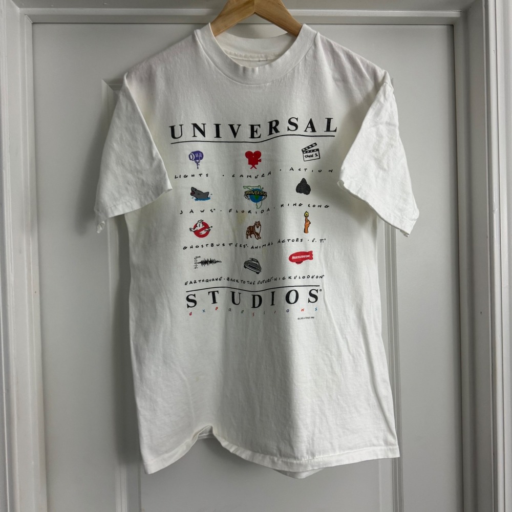 Vintage 1990 Universal Studios Florida T-Shirt Tee Jaws Ghostbusters E.T. Sz L